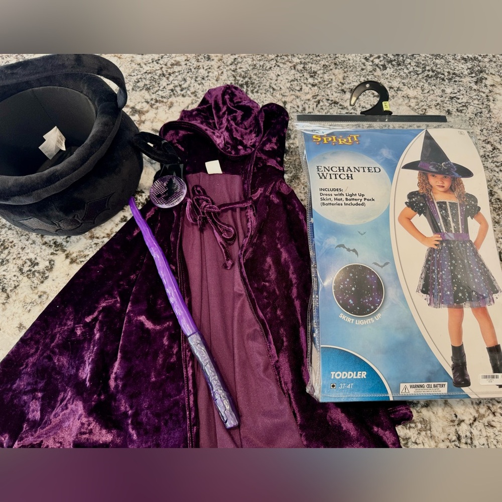 Enchanted Witch Costume 3-4T With Cape , Wand and Coulderon Basket